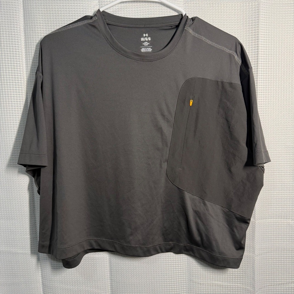 Under Armour T-Shirt Gray Polyester Zip Pocket Loose Fit Cropped Athleisure L